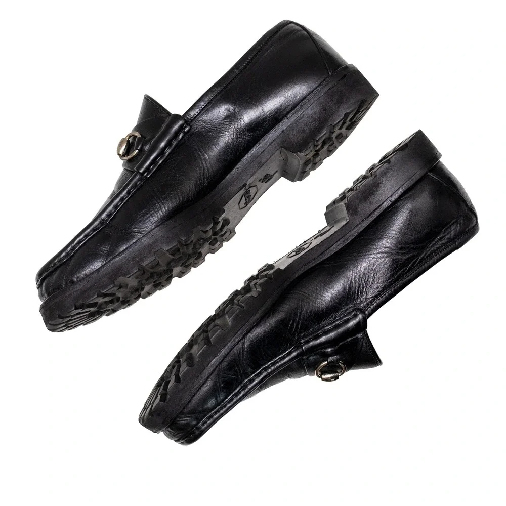 Gucci Men's Black Leather Horsebit Loafers Vibram Lug Sole US 10